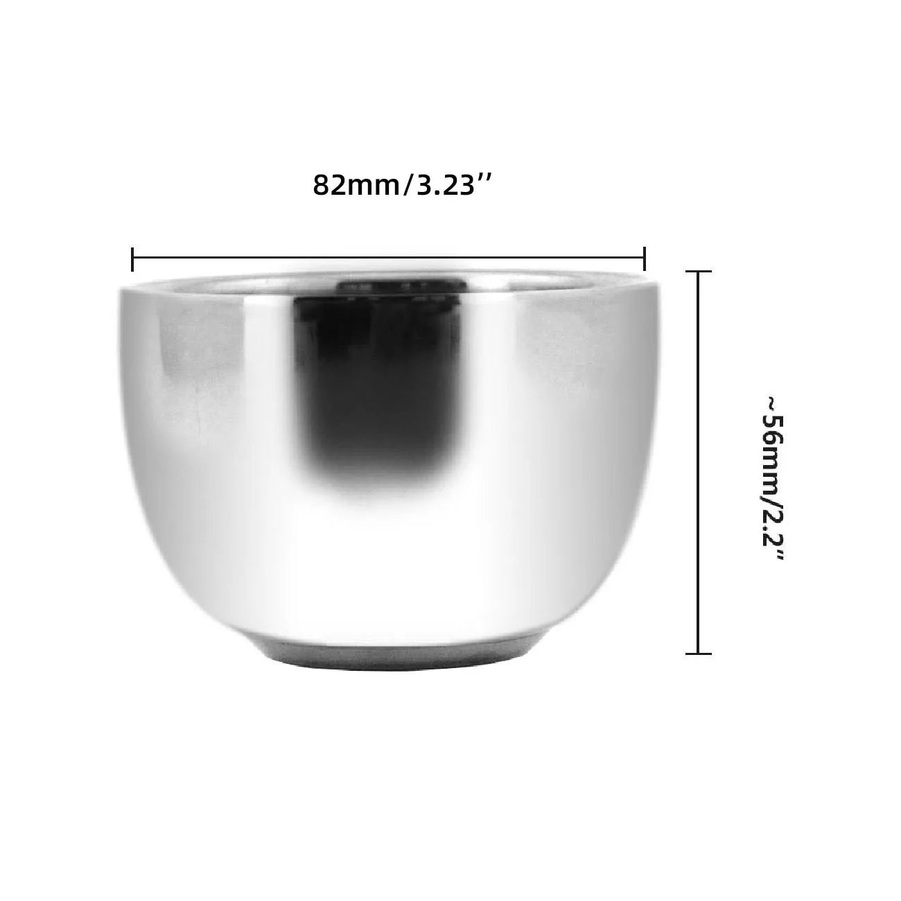 Silver bowl with dimensions labeled on a white background