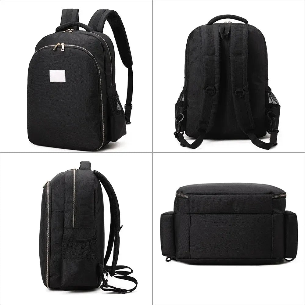 Black backpack shown from multiple angles on a white background