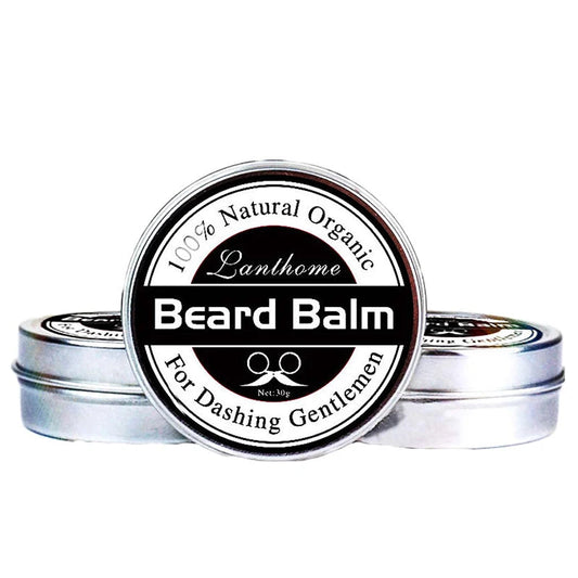 Beard balm container on a white background showing 100% natural organic ingredients
