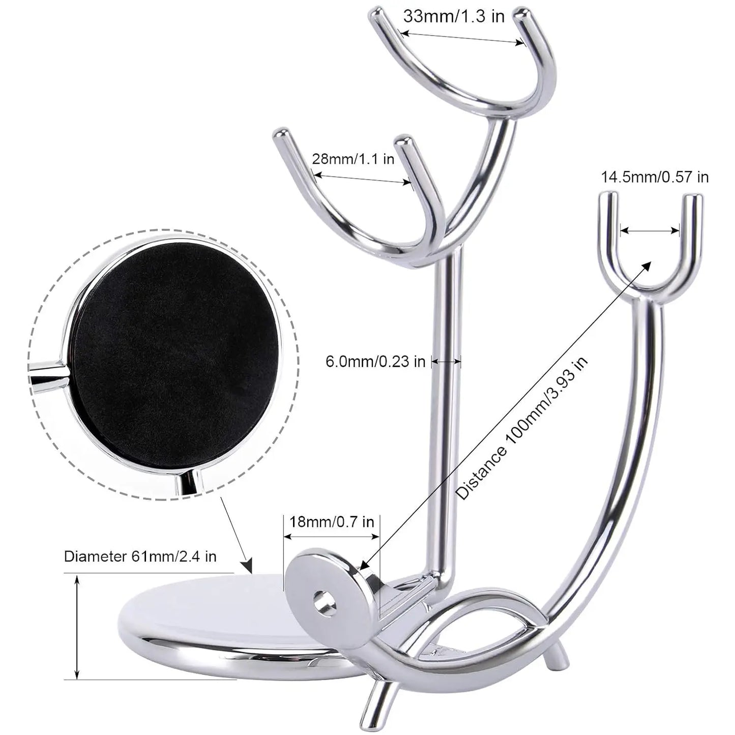 Chrome metal stand with dimensions labeled on a white background
