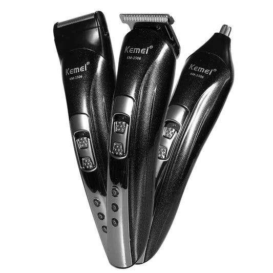 Three black and silver hair trimmers with Kemei branding on a white background