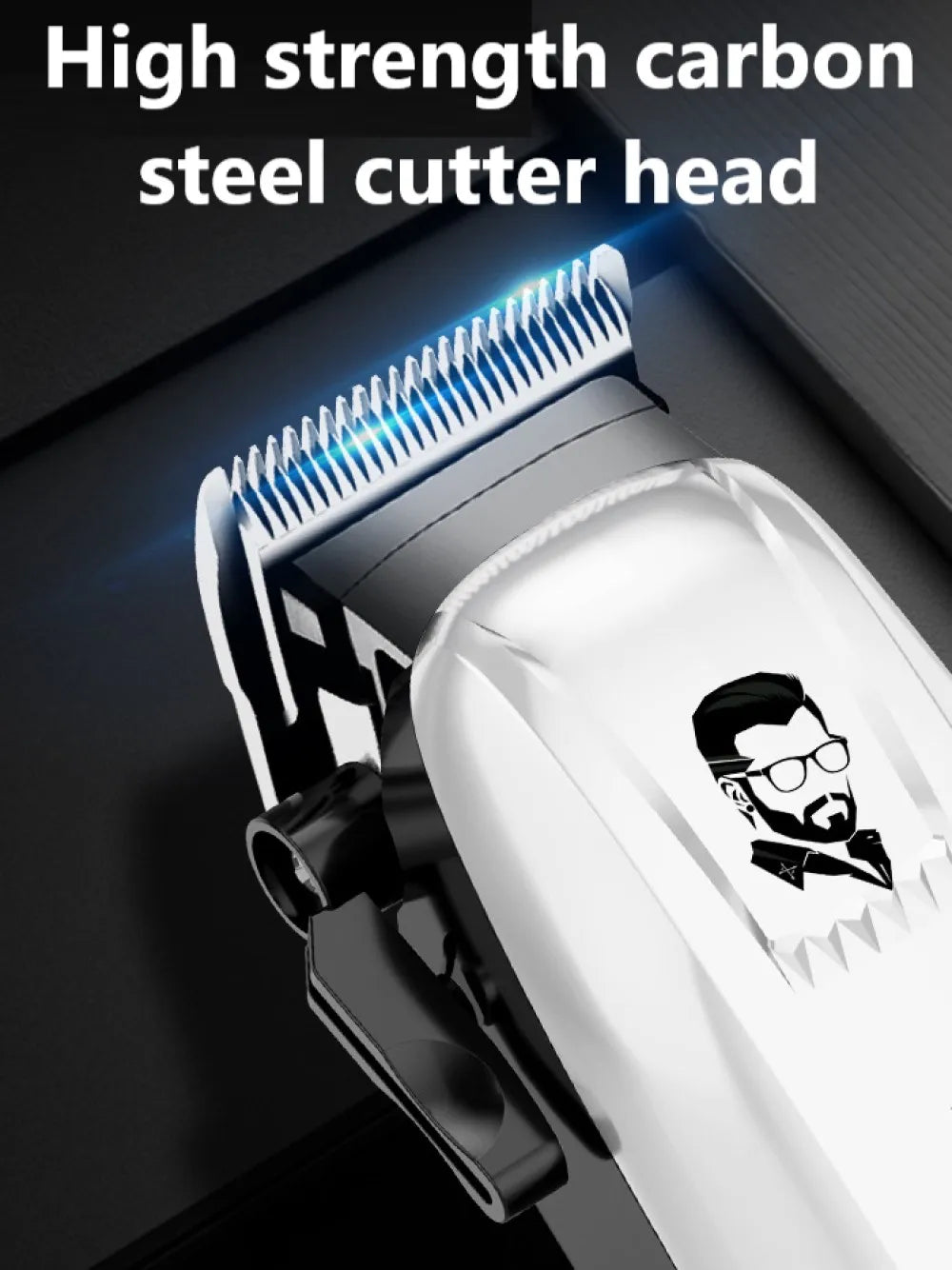 Hair trimmer with high strength carbon steel cutter head on a dark background