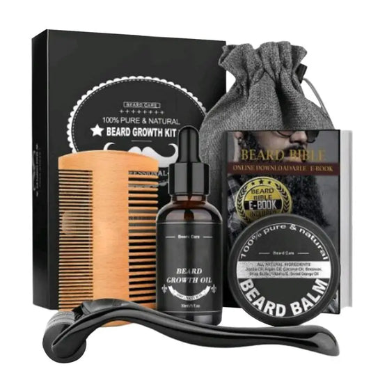 Beard growth kit with oil, balm, comb, and e-book in a box