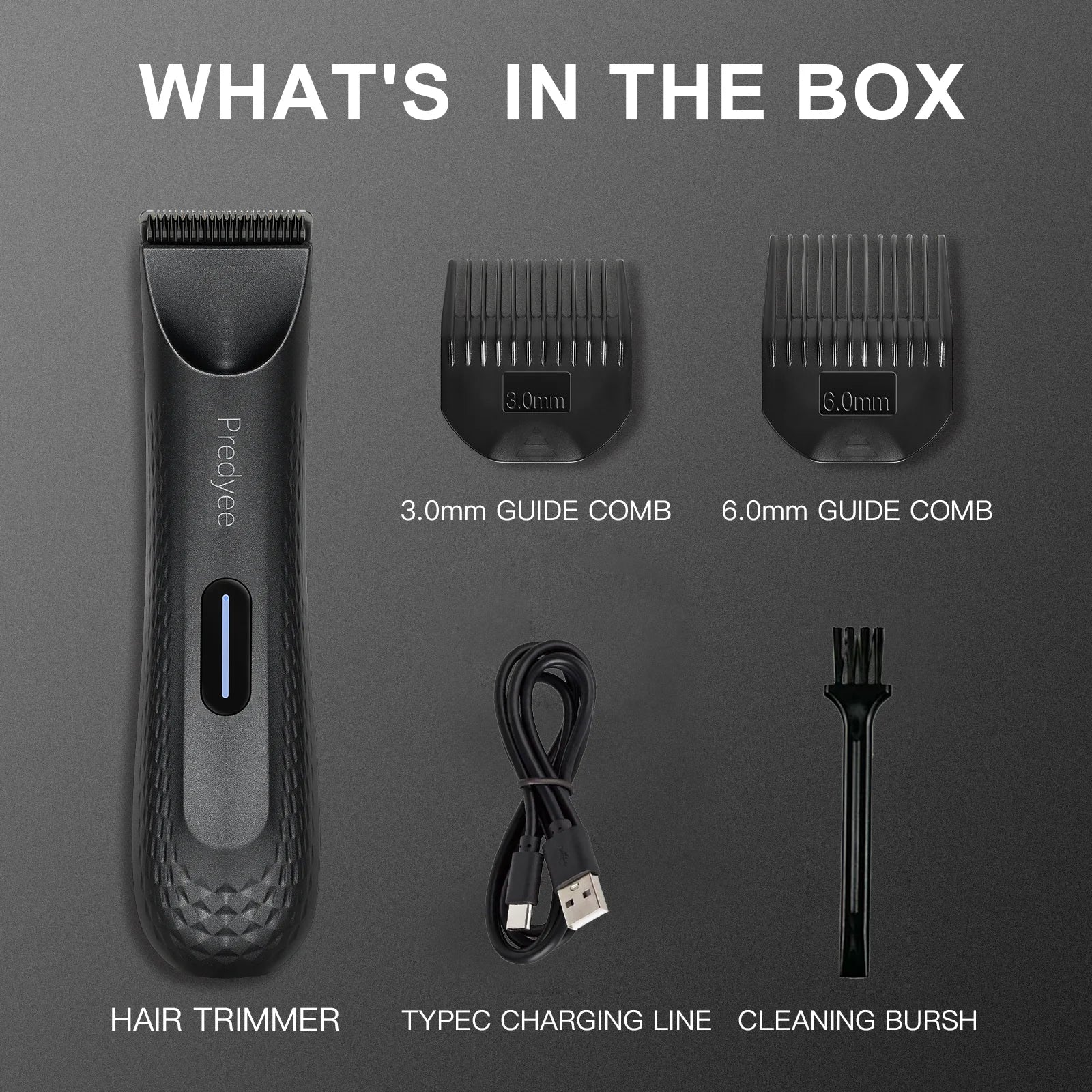 Hair trimmer set with guide combs, charging line, and cleaning brush on a gray background.