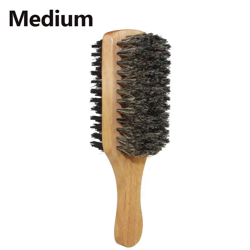 Wooden hairbrush with bristles on a white background, labeled 'Medium'.