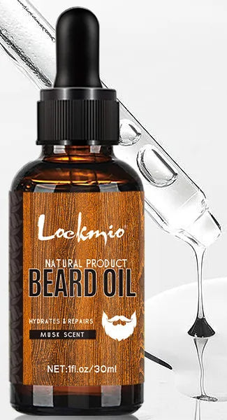 Bottle of Lockmio beard oil with dropper on a white background