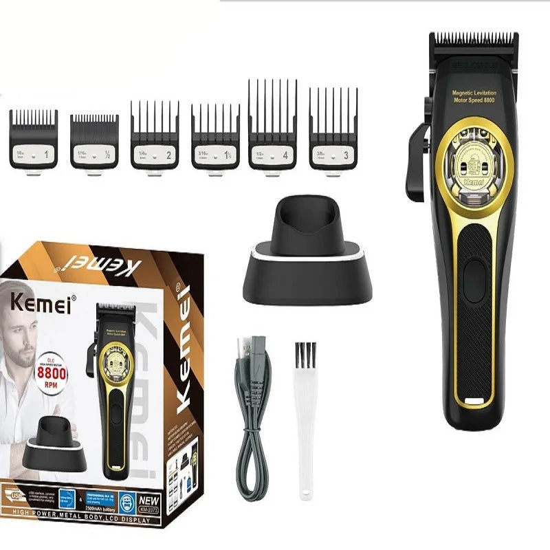 Kemei hair trimmer set with attachments, packaging, and accessories on a white background
