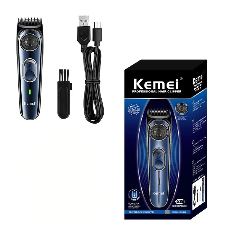 Kemei hair clipper set with packaging, cord, on a white background