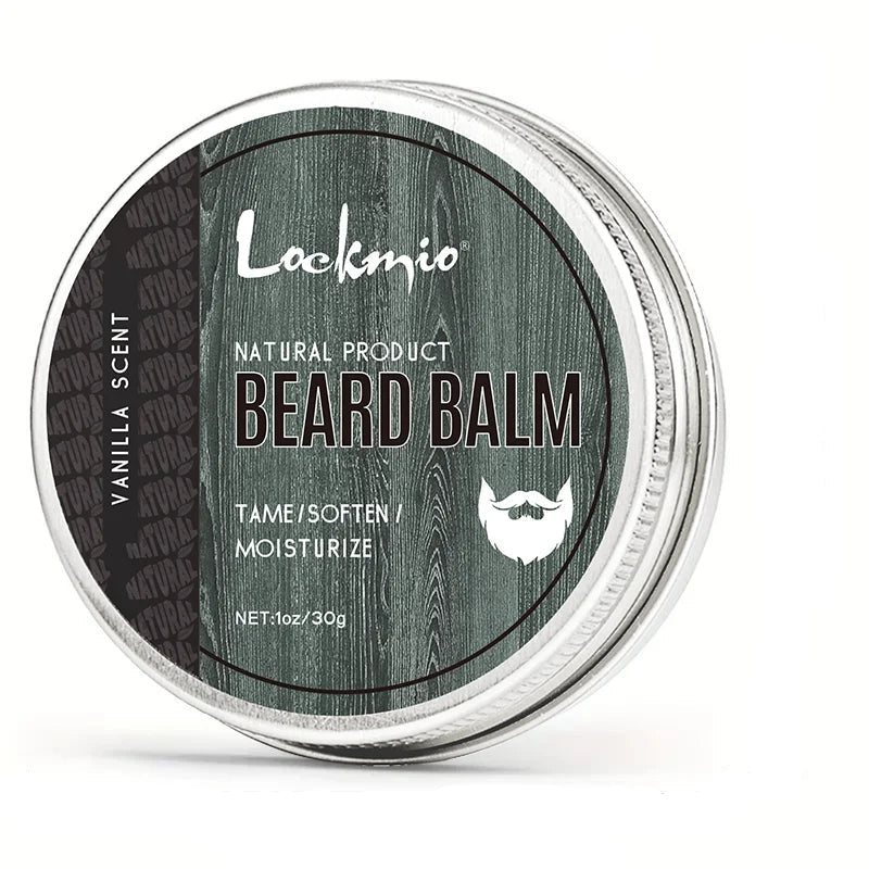 Beard balm container with 'Lockmio' branding on a white background