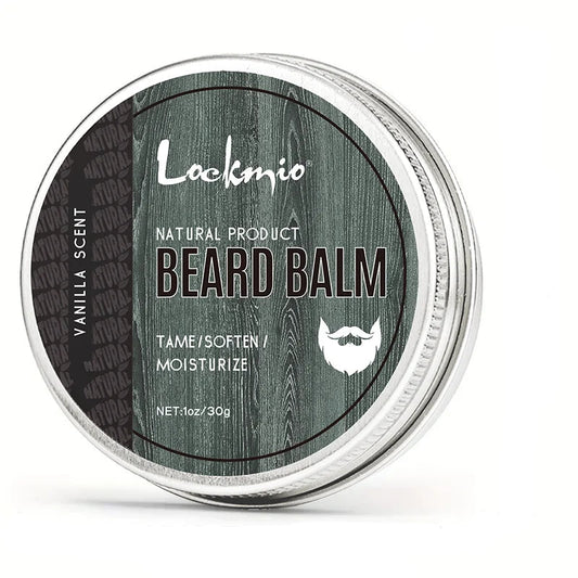 Beard balm container with 'Lockmio' branding on a white background