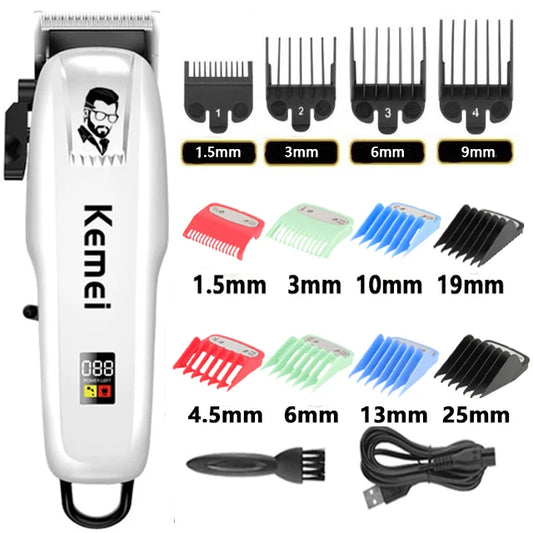 Kemei hair clipper set with attachments on a white background