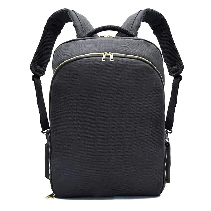 Black backpack with zippers on a white background