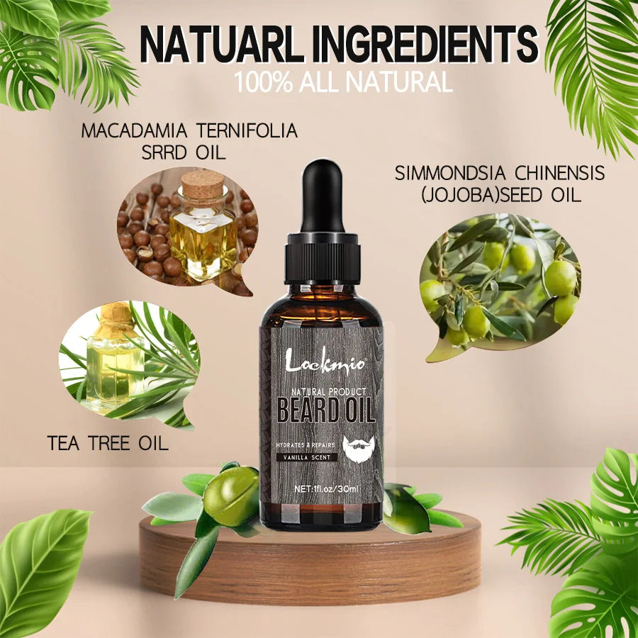 Beard oil bottle with natural ingredients on a beige background with green leaves.