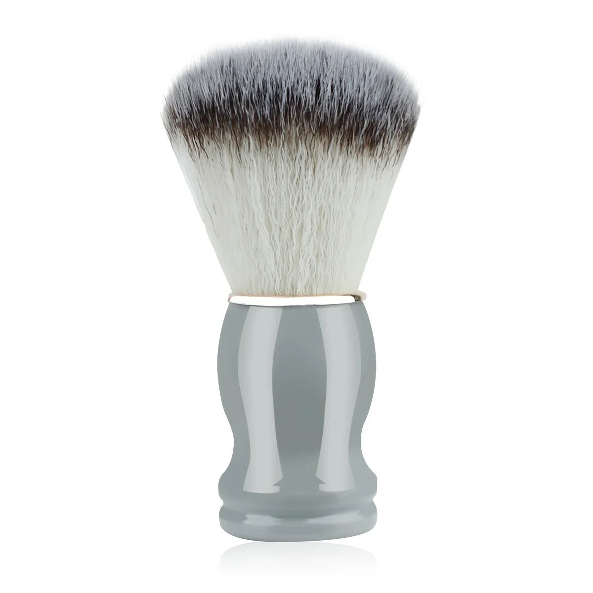 Gray shaving brush with black and white bristles on a white background