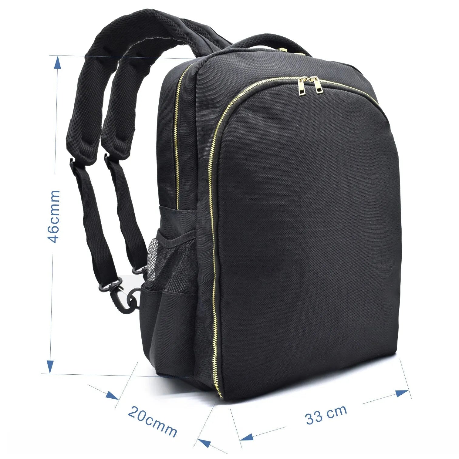 Black backpack with measurement details on a white background