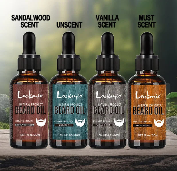 Four bottles of Lockmio beard oil with different scents on a wooden surface.