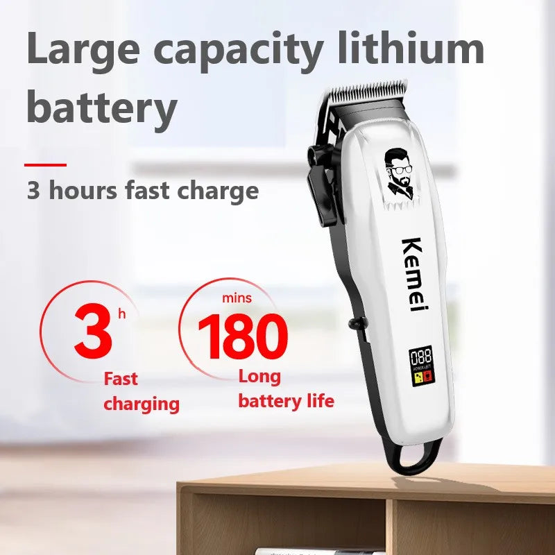 Kemei hair clipper with battery life and charging information on a white background