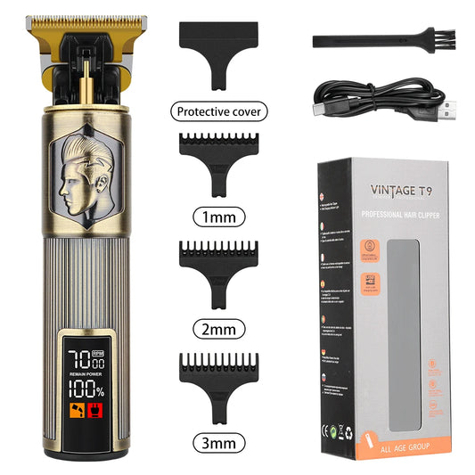 Hair trimmer set with attachments and packaging on a white background