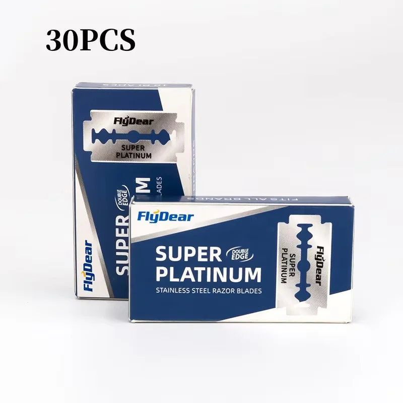 Two boxes of FlyGear Super Platinum stainless steel razor blades on a white background