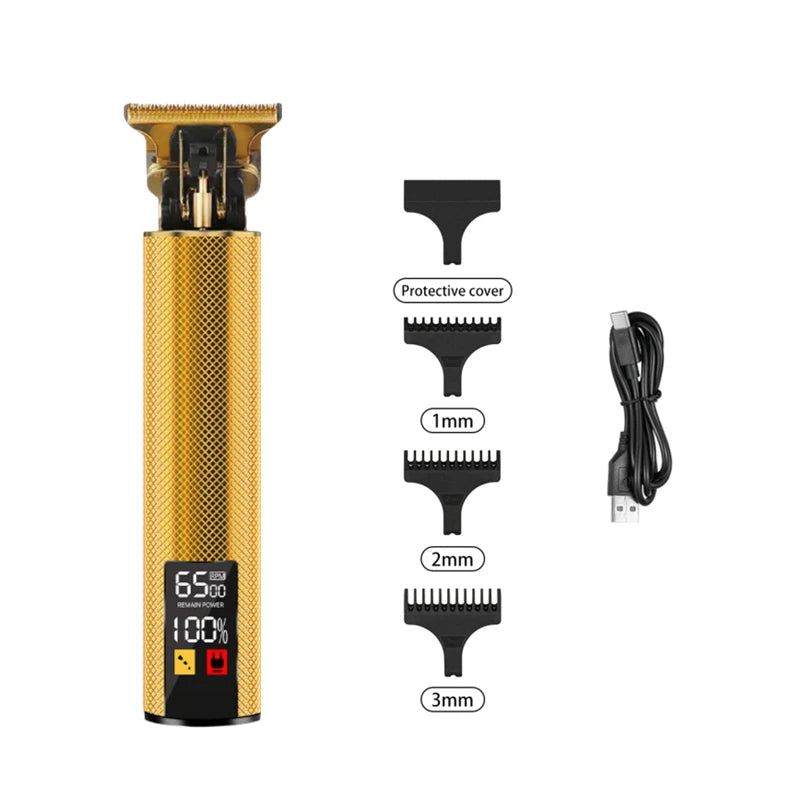 Hair trimmer set with attachments and charging cable on a white background