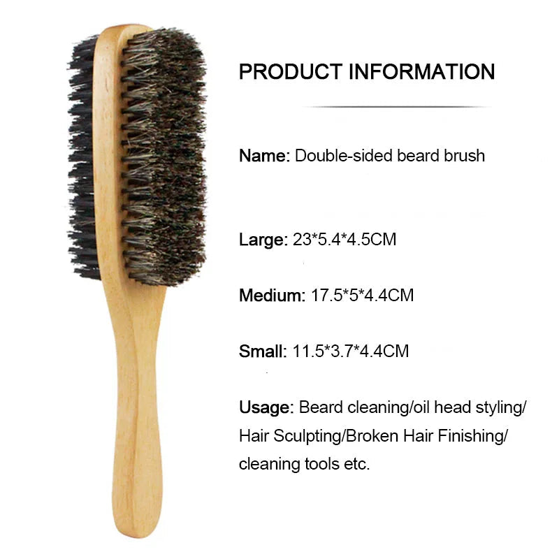 Double-sided beard brush with product information on a white background