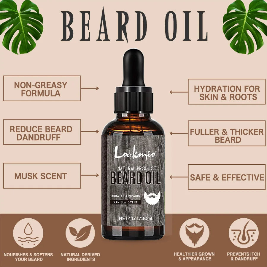 Beard oil bottle with features listed on a beige background