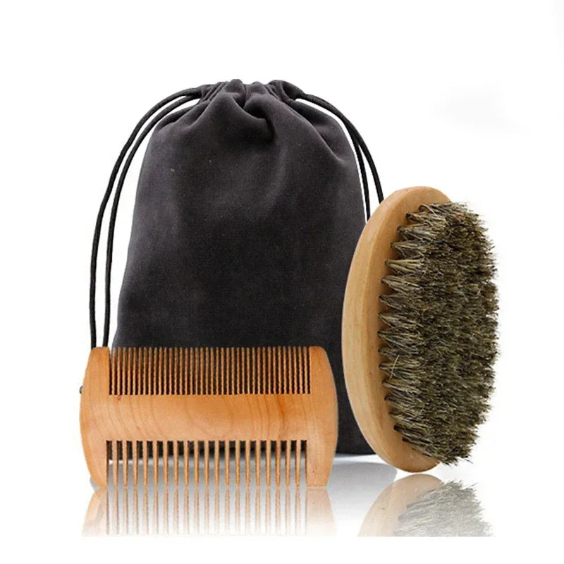 Wooden comb and brush set with a black drawstring bag on a white background