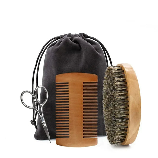 Beard grooming kit with comb, brush, and scissors on a white background