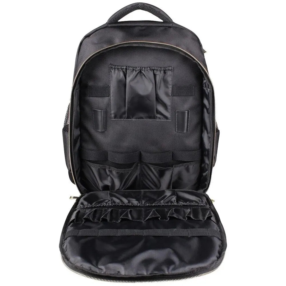Black backpack with multiple compartments on a white background