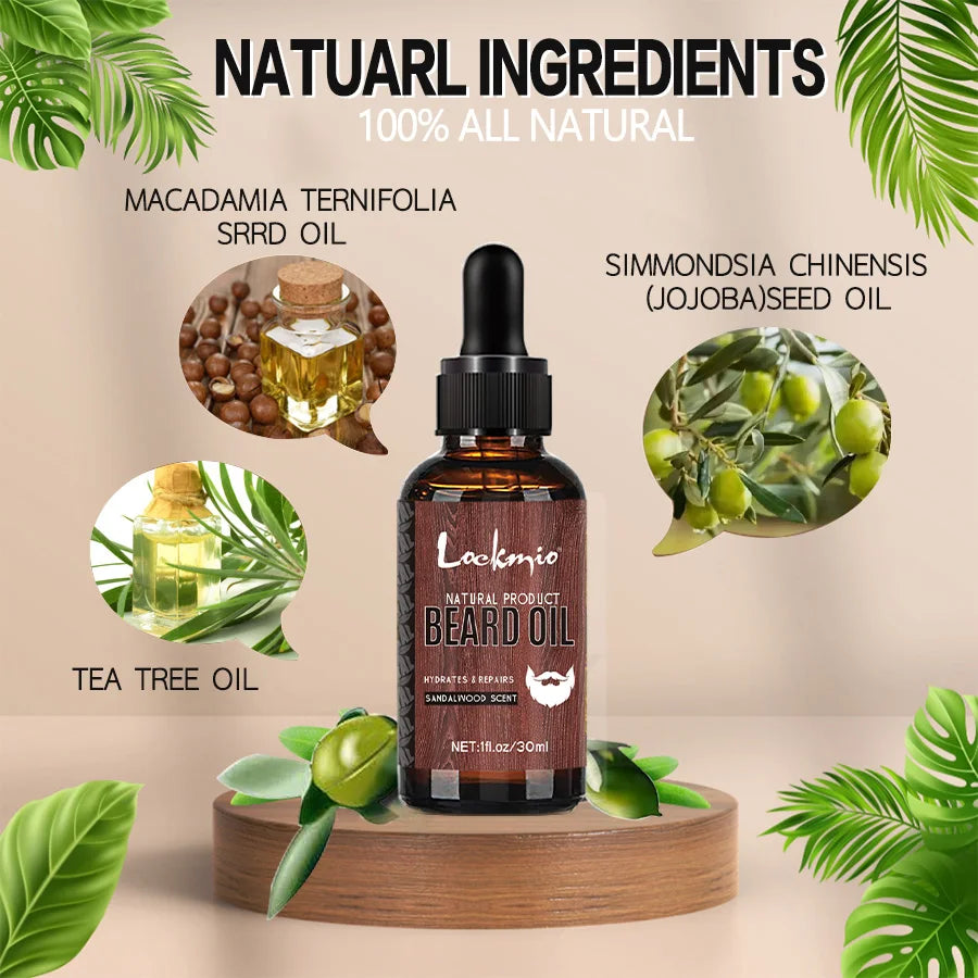 Beard oil bottle with natural ingredients displayed on a beige background with green leaves.