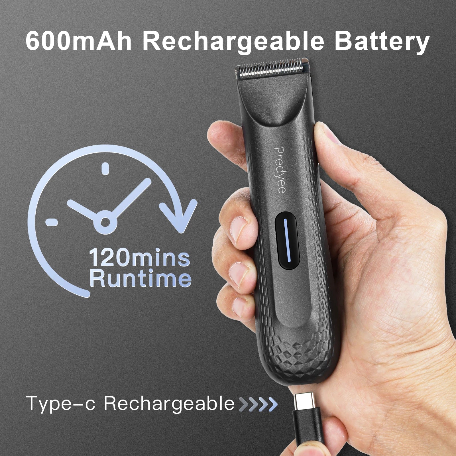Hand holding a black hair trimmer with text about battery capacity and runtime on a dark background