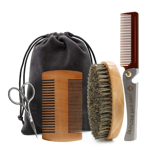 Beard grooming kit with combs, brush, scissors, and pouch on a white background