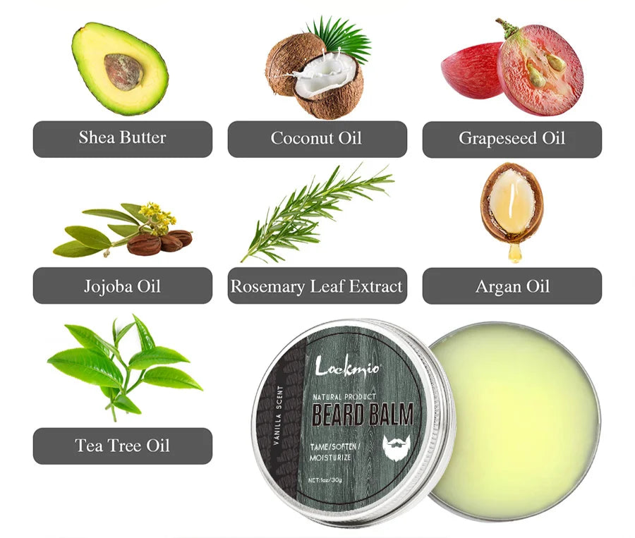 Beard Balm products showing that it contains All Natural Ingrediants