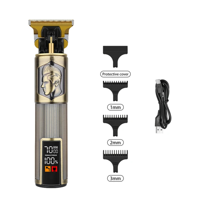 Hair trimmer set with attachments and charging cable on a white background
