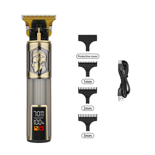 Hair trimmer set with attachments and charging cable on a white background