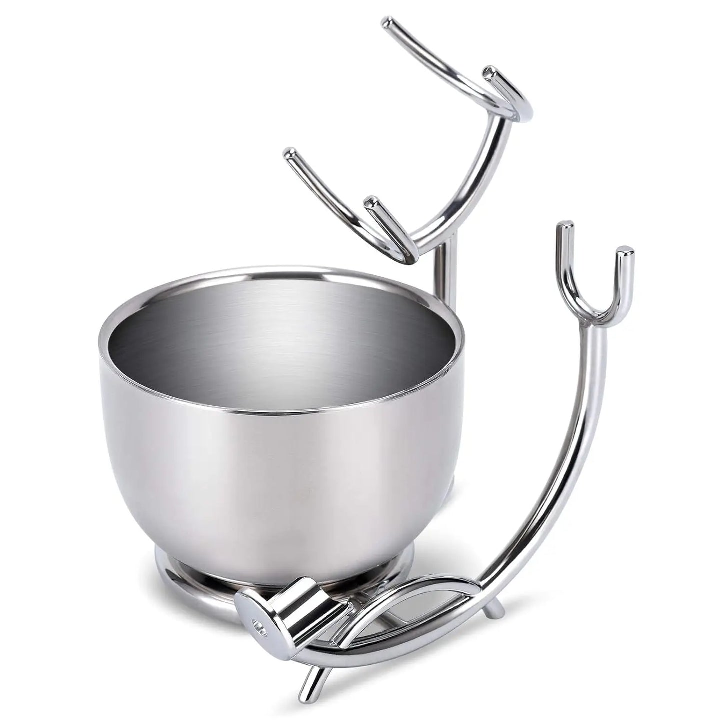 Stainless steel bowl with stand and hooks on a white background
