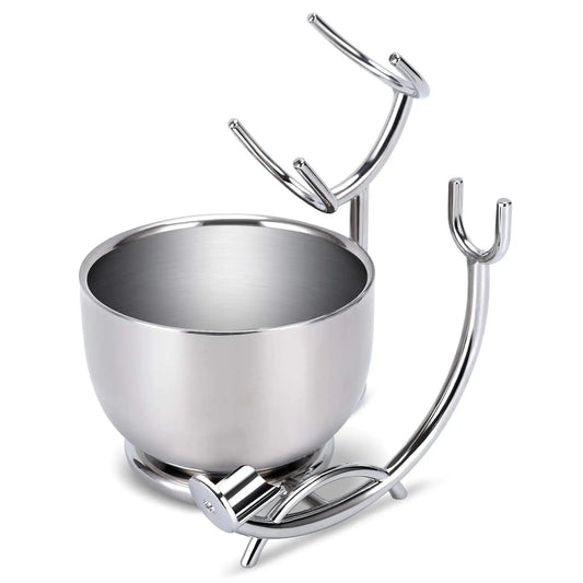 Stainless steel bowl with stand and hooks on a white background