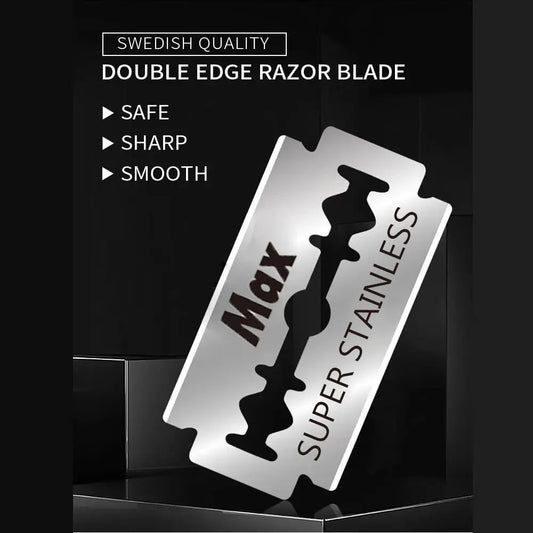 Double edge razor blade with 'Max Super Stainless' branding on a black background