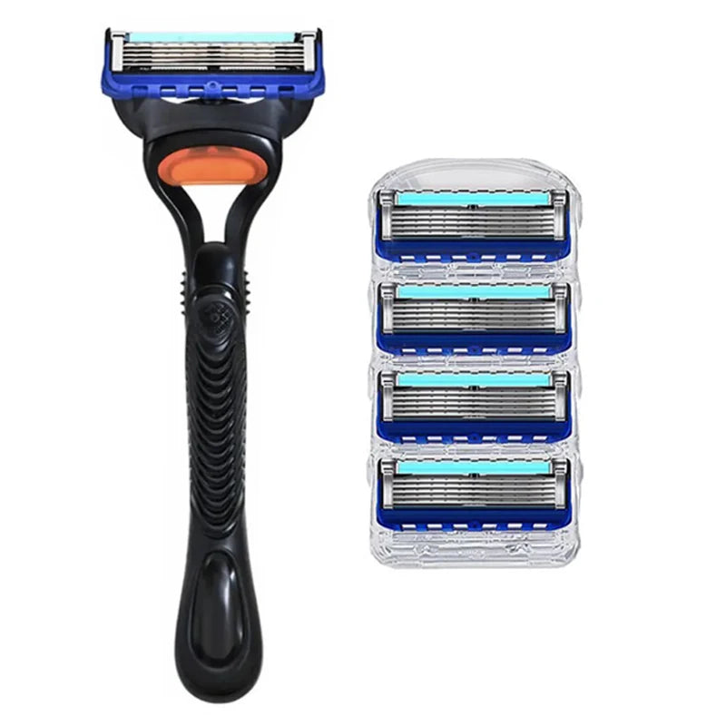 Shaving razor with four razor heads in a clear container on a white background
