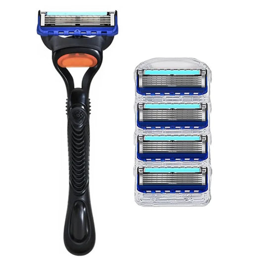 Shaving razor with four razor heads in a clear container on a white background