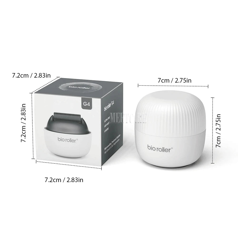 Bio Roller G4 device and packaging with dimensions on a white background