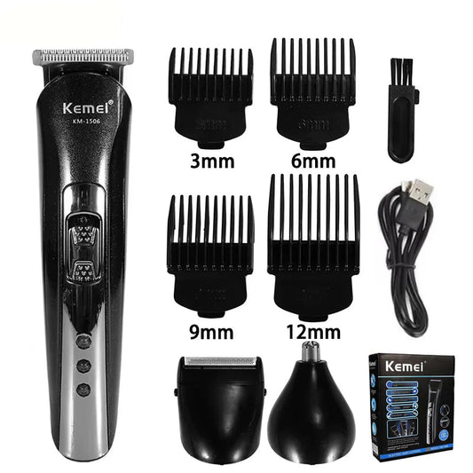 Kemei hair trimmer set with attachments and packaging on a white background