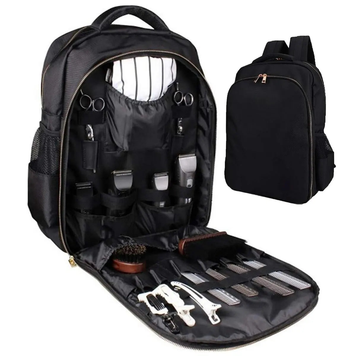 Black grooming backpack with open compartments on a white background