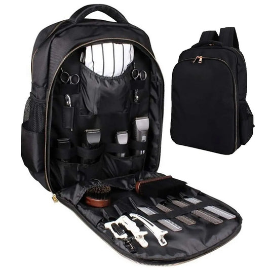 Black grooming backpack with open compartments on a white background