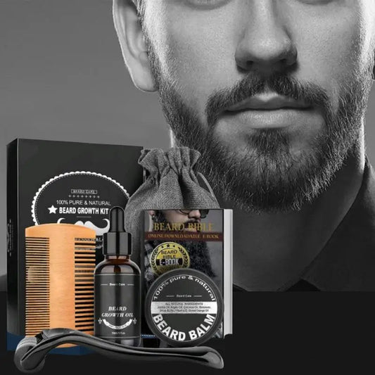 Beard growth kit with a man's face featuring a full beard, showing text 'Thicker, Stronger Healthier Beard'.