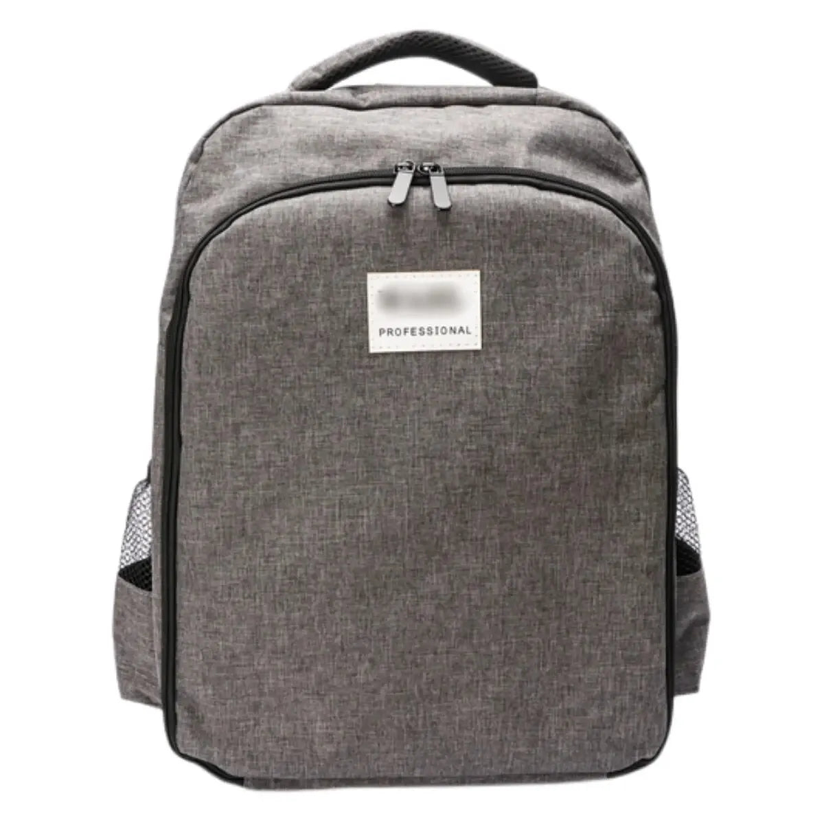 Gray backpack with a visible brand label on a white background