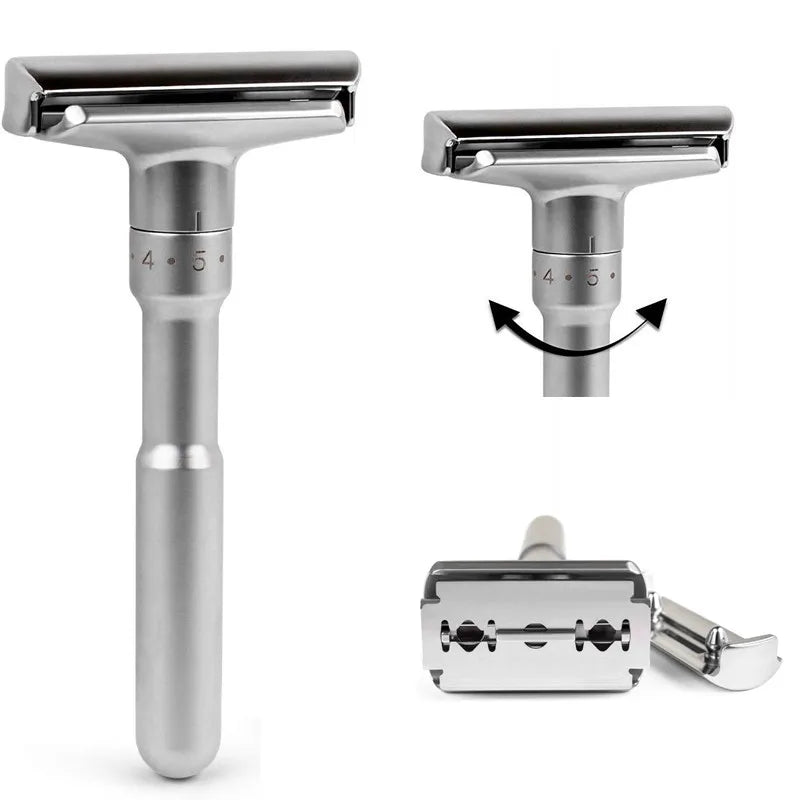 Silver safety razor with interchangeable heads on a white background