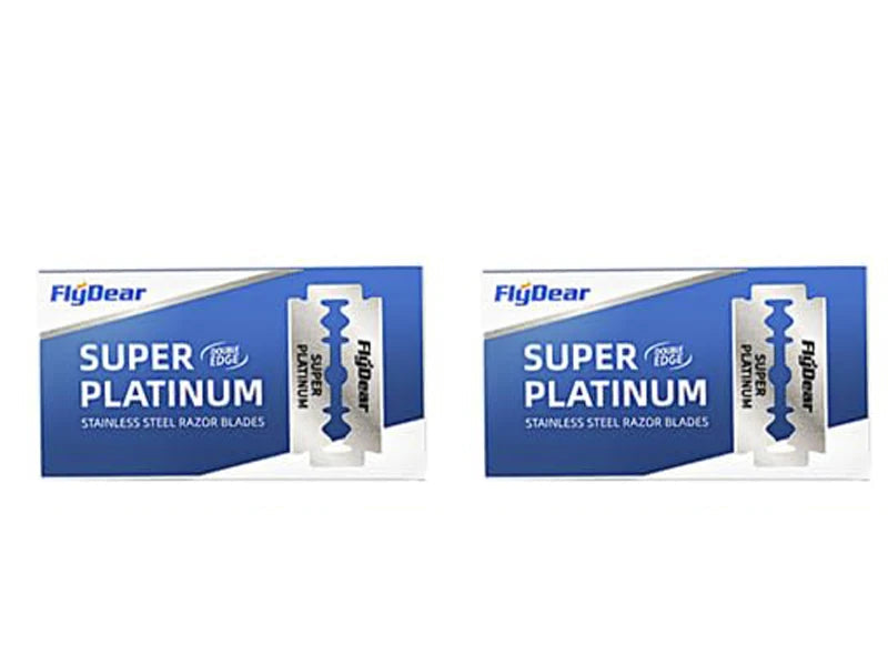 Two packages of FlyGear Super Platinum stainless steel razor blades on a white background