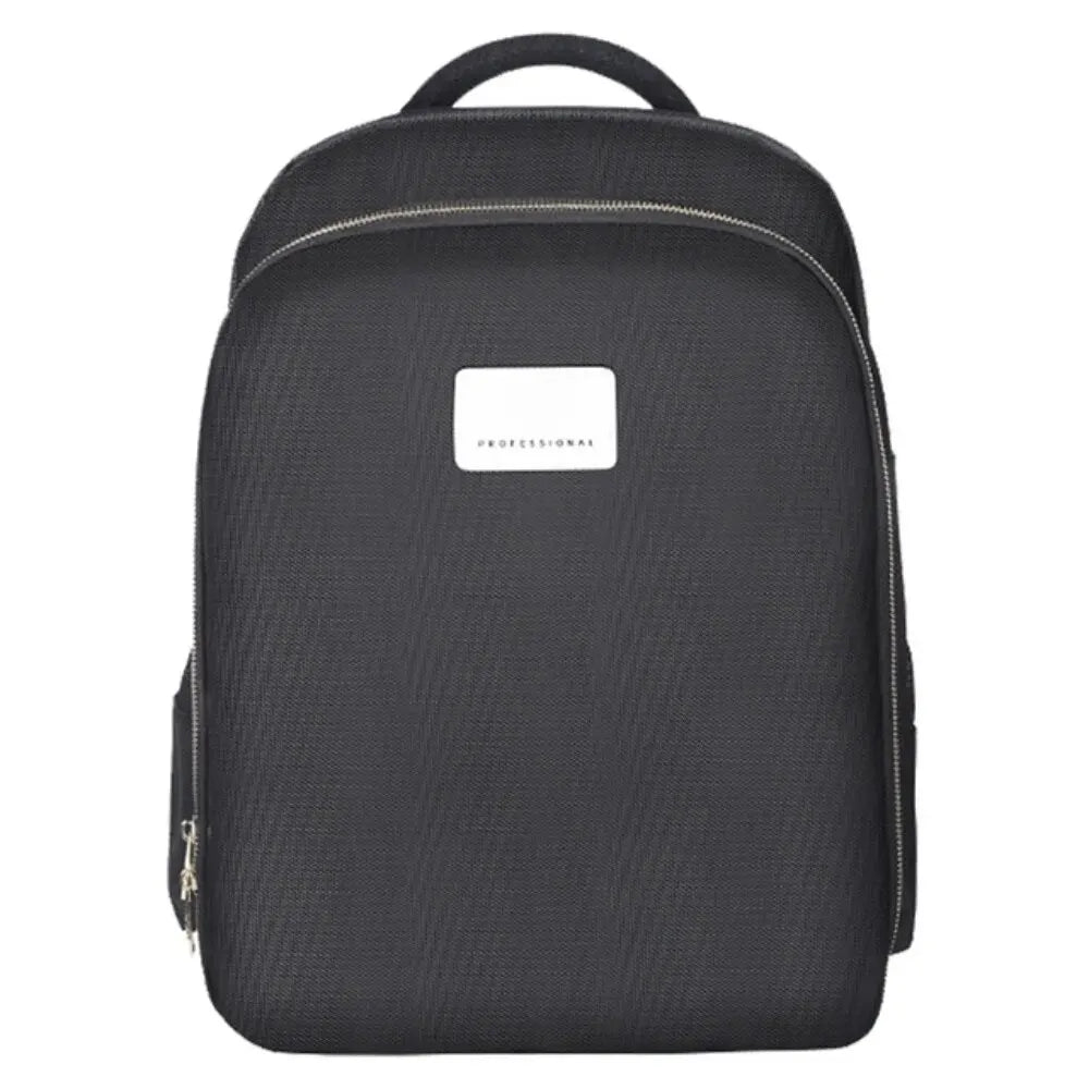 Black backpack with a visible brand logo on a white background