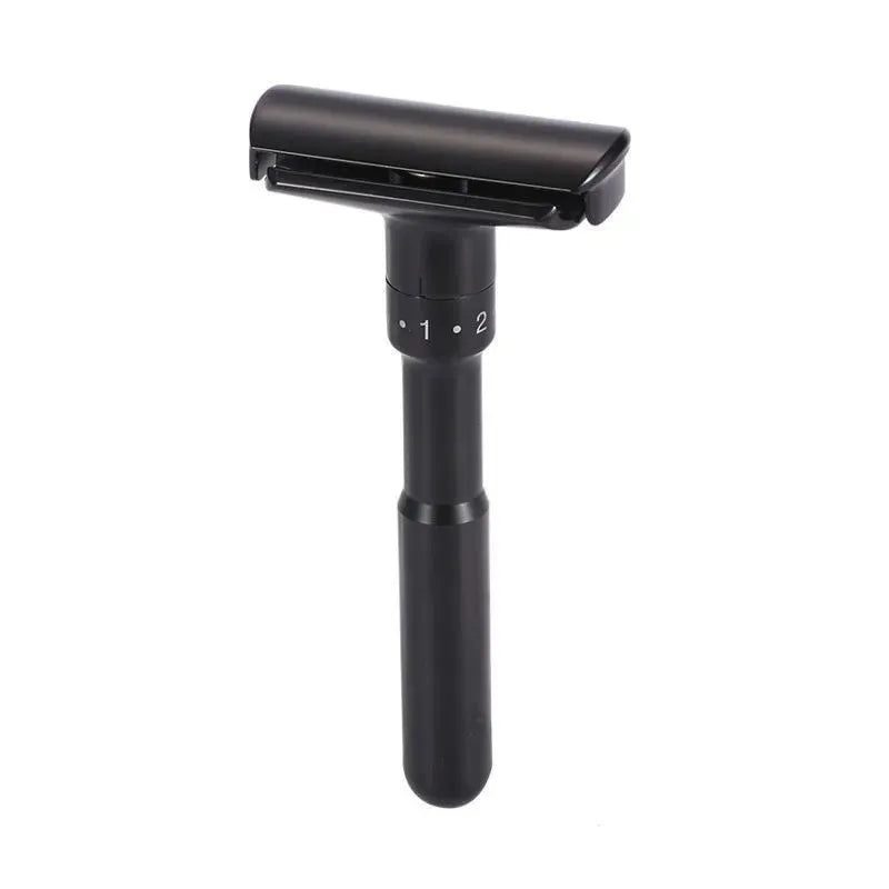 Black safety razor on a white background